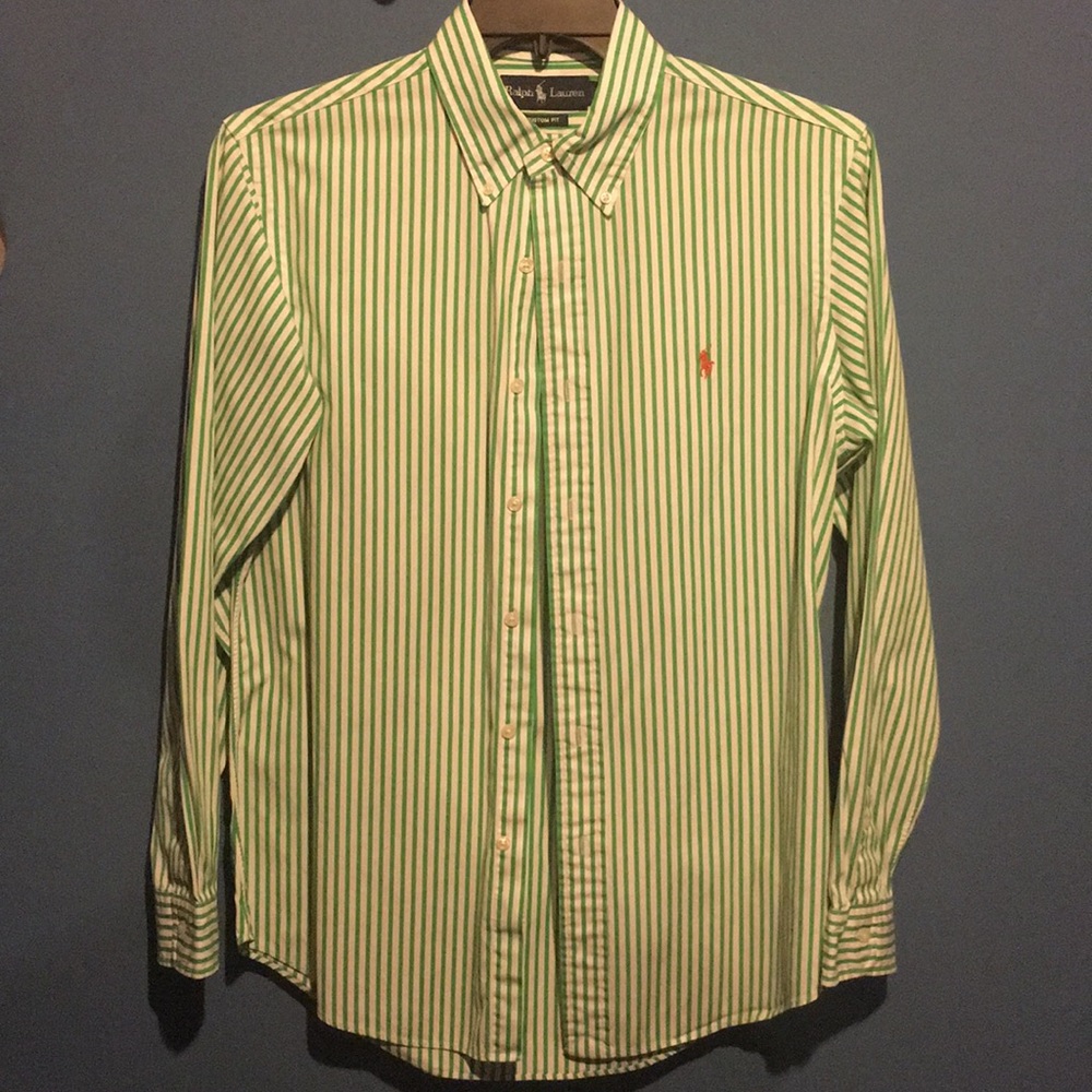 Men’s medium green and white striped button down